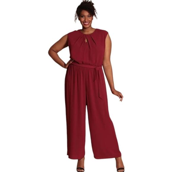 London Times Women's Pleat Neck Rhododendron Wide Leg Jumpsuit Plus Size 22W New - Picture 9 of 13
